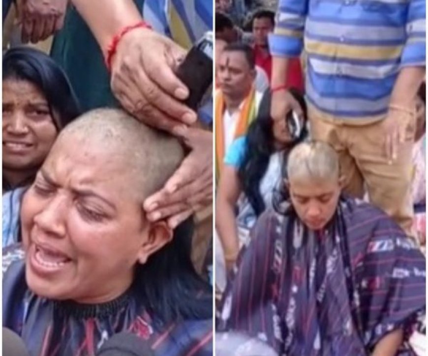अनुकंपा नियुक्ति की मांग को लेकर धरने पर बैठी महिला ने कराया मुंडन, देखकर हैरान रह गए लोग