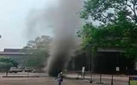 जमीन से आसमान में उठा करीब 200 फीट ऊंचा बवंडर:भिलाई स्टील प्लांट के गेट नंबर-1 के पास दिखा नजारा, लोगों ने किया कैमरे में कैद