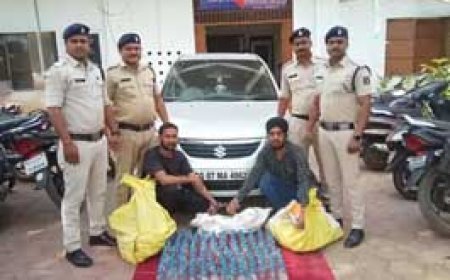 शराब तस्करों ने की पुलिस पर गाड़ी चढ़ाने की कोशिश:भागे तो वाहन के सामने टायर फेंककर रुकवाई कार; 2 गिरफ्तार