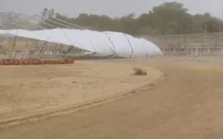 अमित शाह के लिए लगाया पंडाल आंधी में उड़ा:मुख्य डोम को छोड़कर बाकी के पंडाल गिरे, दुर्ग में कल होनी है गृहमंत्री की सभा