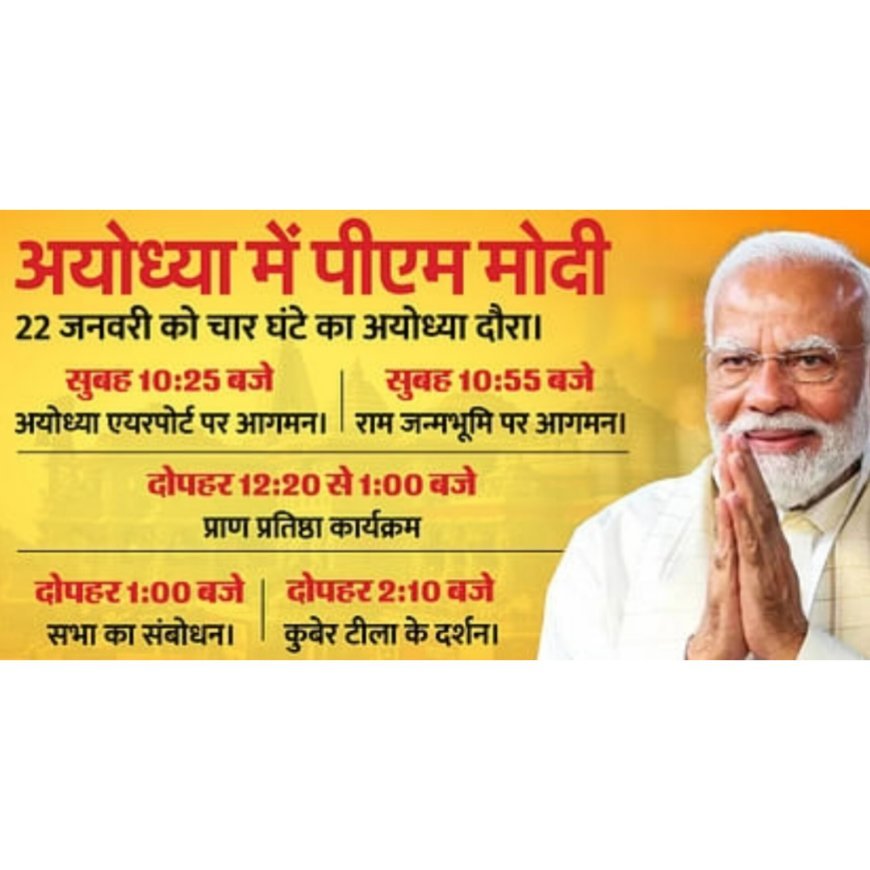 सुबह 10 बजे से गूंजेगी मंगलध्वनि, 84 सेकंड के शुभ मुहूर्त में प्राण-प्रतिष्ठा, पीएम मोदी अयोध्या में रहेंगे चार घंटे, जानिए पूरा कार्यक्रम?
