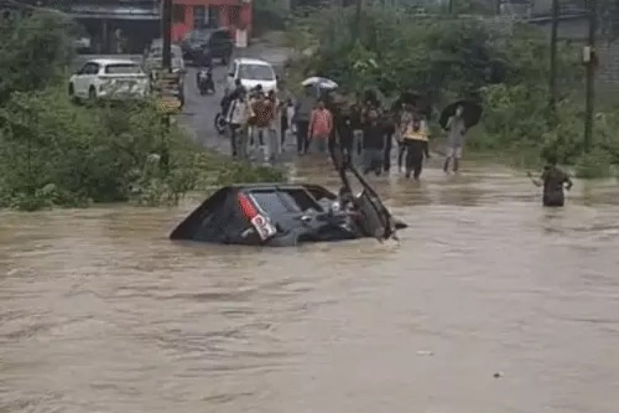 उफनते नाले में स्कॉर्पियो लेकर उतरे दो युवक, तेज बहाव में बहा वाहन; दोनों को लोगों ने बचाया